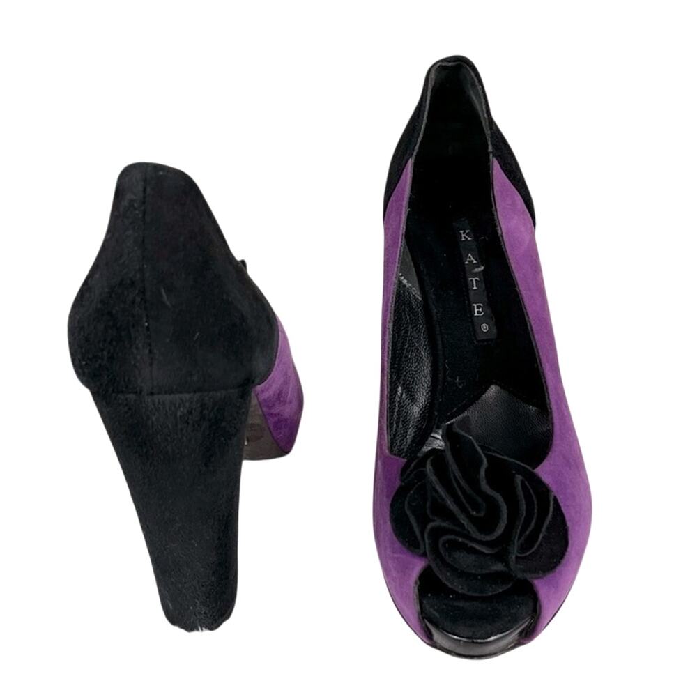 KATE BY FERRARI Black & Purple Suede Color Block Peep Toe Block Heel Pumps 8/8.5